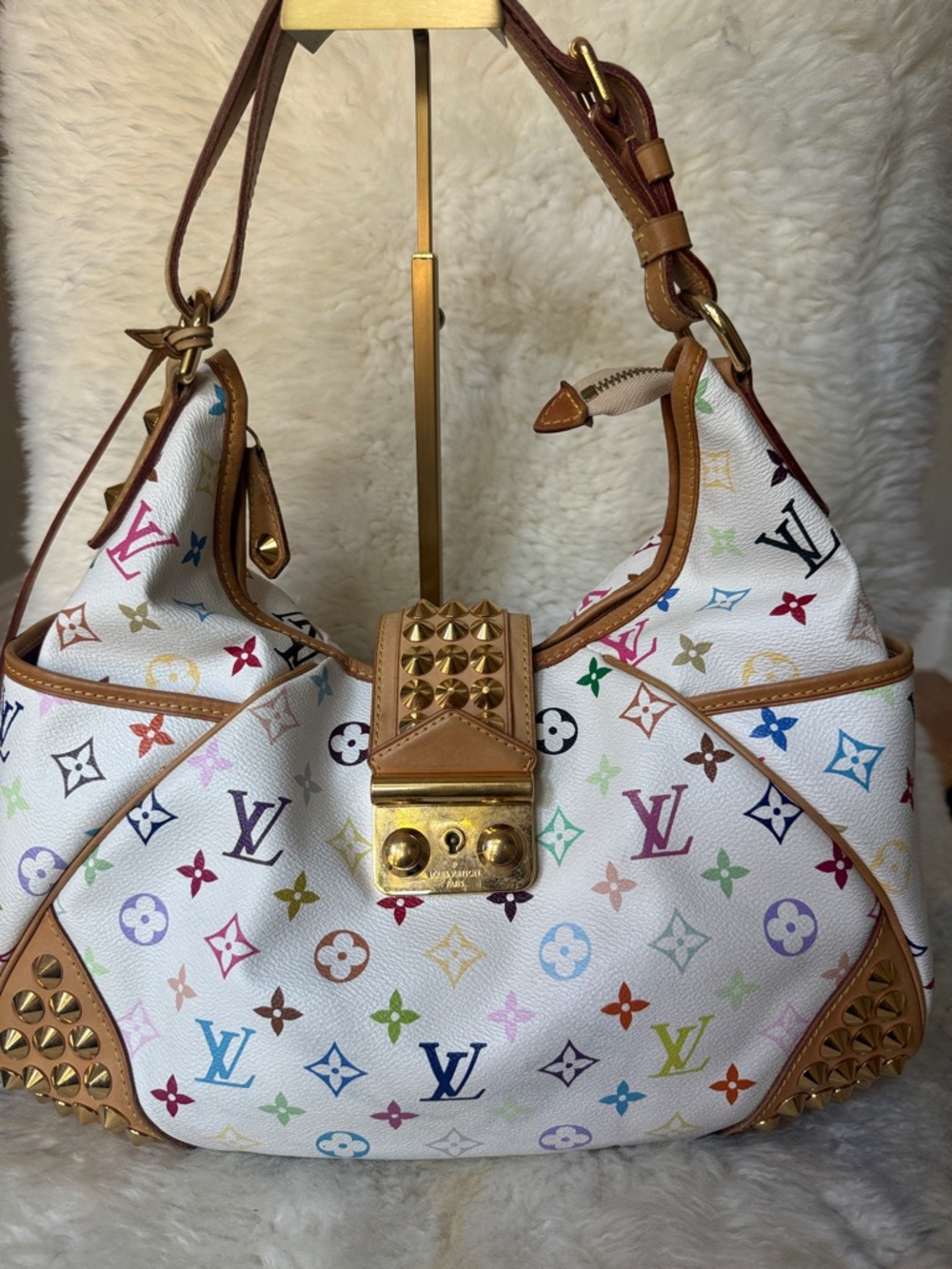 Louis Vuitton White Murakami Multicolor Chrissie  Shoulder Bag with Stud Accents